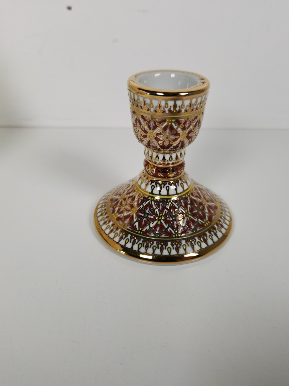 Vintage Ornate Hand Painted Porcelain Candlestick Holder 3.25" | Gold Metallic
